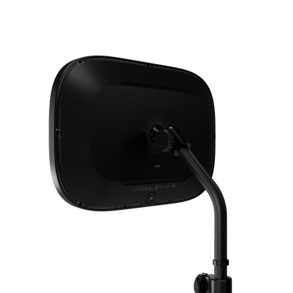 Black LED light panel with a curved mounting arm, shown from a rear three-quarter angle against a solid white background.