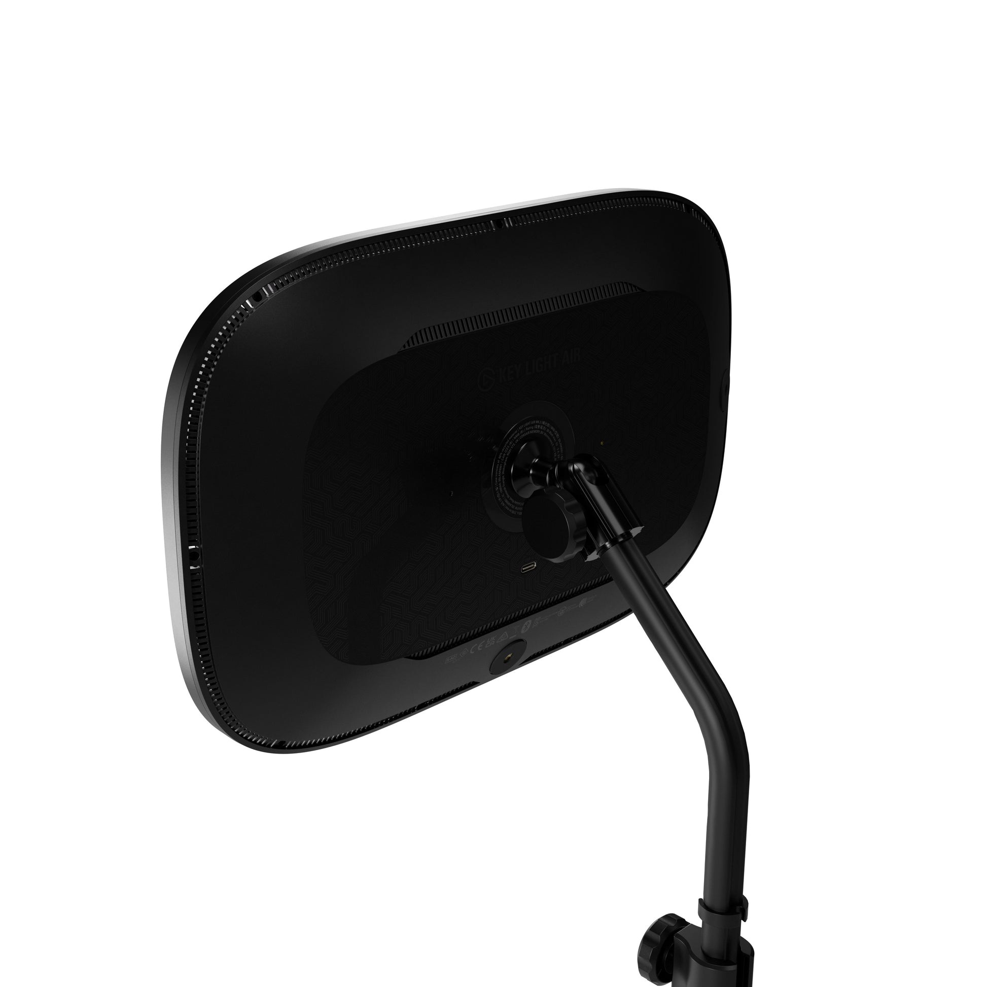 Black rectangular monitor or display panel mounted on a black articulated stand, shown from an angled rear view against a plain white background.