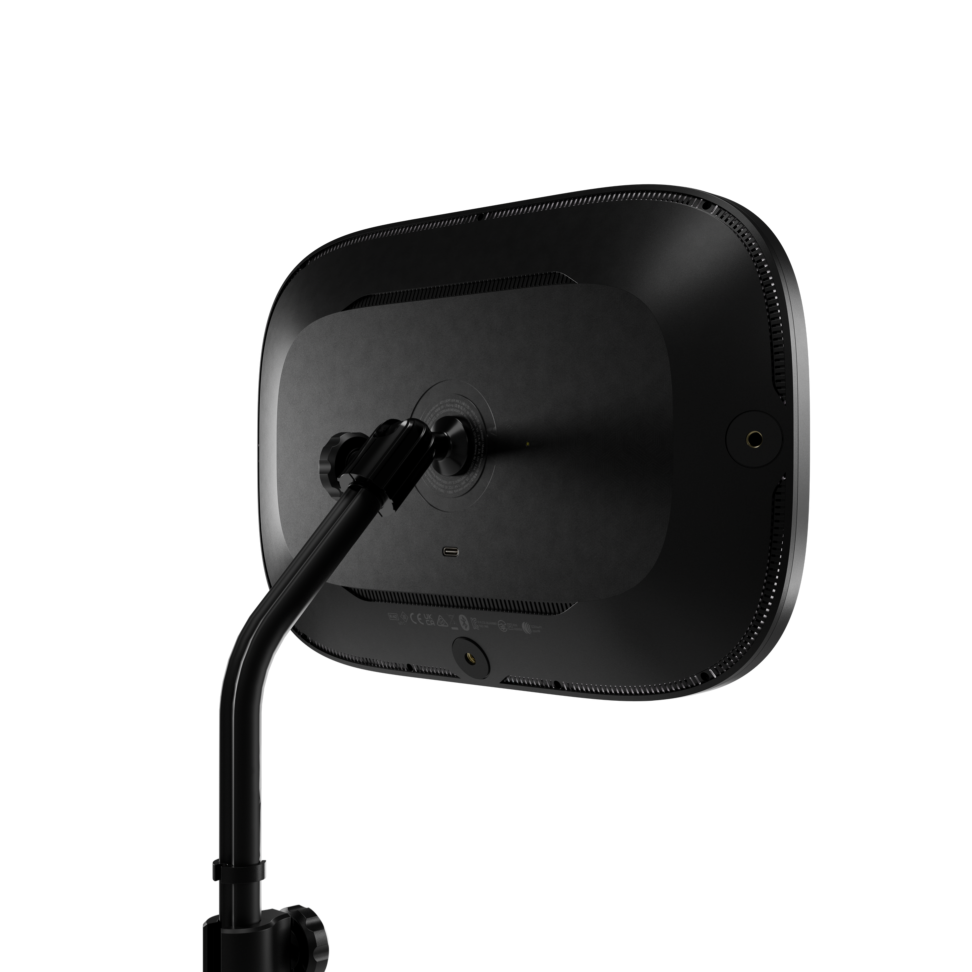 Black rectangular light panel with rounded corners, shown from the back with an attached black mounting arm on a white background.
