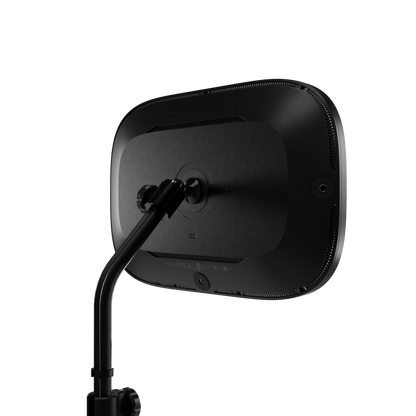 Black rectangular light panel with rounded corners, shown from the back with an attached black mounting arm on a white background.