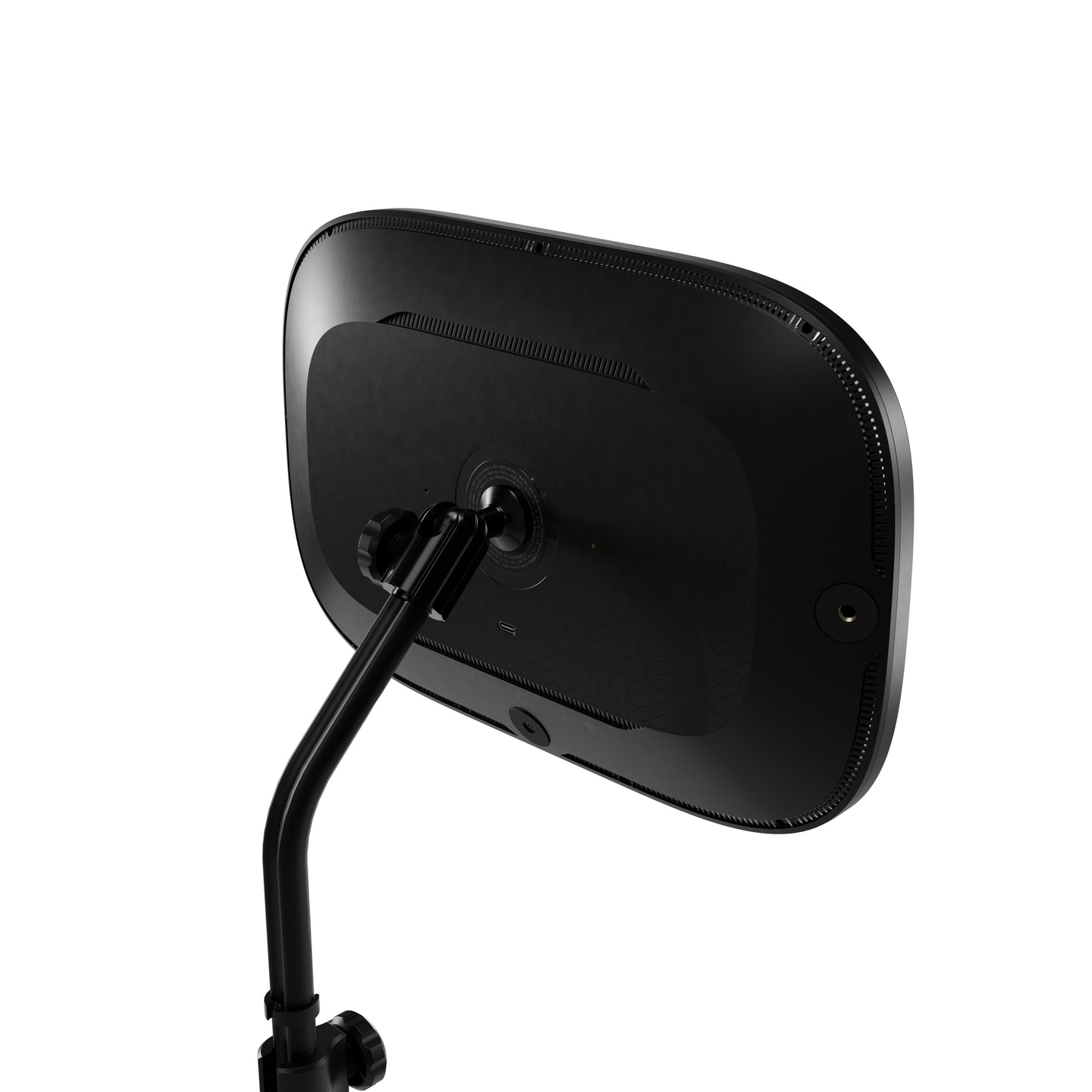 Black rectangular elgato key light with rounded corners, mounted on a black adjustable arm against a plain white background.