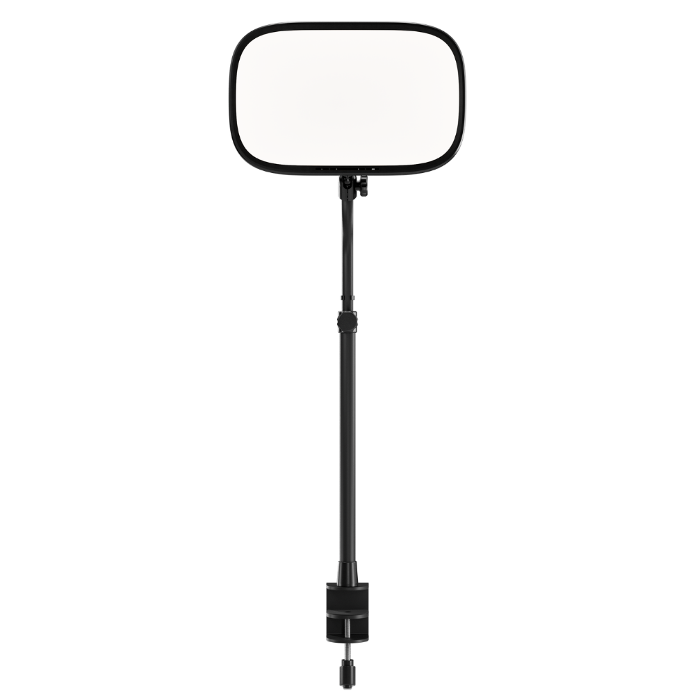 A rectangular softbox studio light with rounded corners, mounted on a black adjustable stand with a clamp at the bottom, shown against a plain white background.