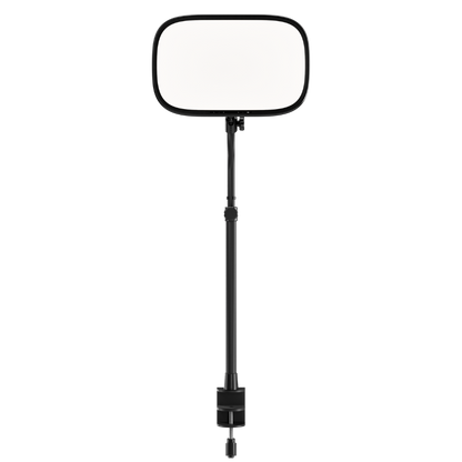 A rectangular softbox studio light with rounded corners, mounted on a black adjustable stand with a clamp at the bottom, shown against a plain white background.
