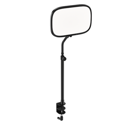 A black adjustable elgato key light with a rounded rectangular reflective surface, shown on a plain white background.