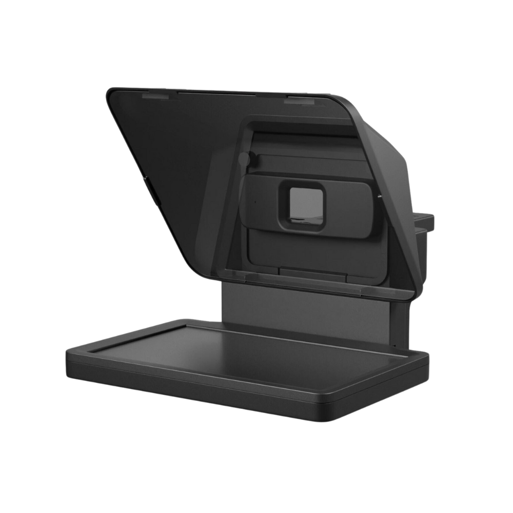 Elgato Prompter Black stand with a tablet or phone on a white background