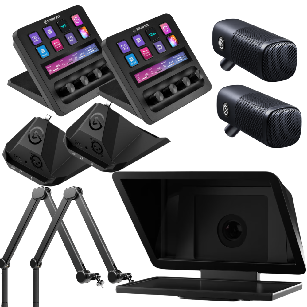 Elgato Starter Podcast with Prompter XL Bundle Collection of electronic devices including speakers, stands, and a tablet on a white background