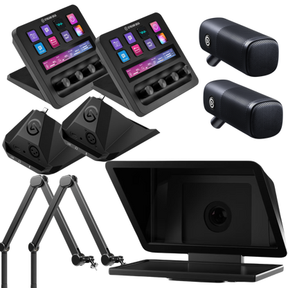 Elgato Starter Podcast with Prompter XL Bundle Collection of electronic devices including speakers, stands, and a tablet on a white background