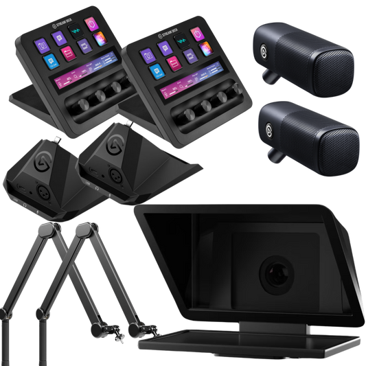 Elgato Starter Podcast with Prompter XL Bundle Collection of electronic devices including speakers, stands, and a tablet on a white background