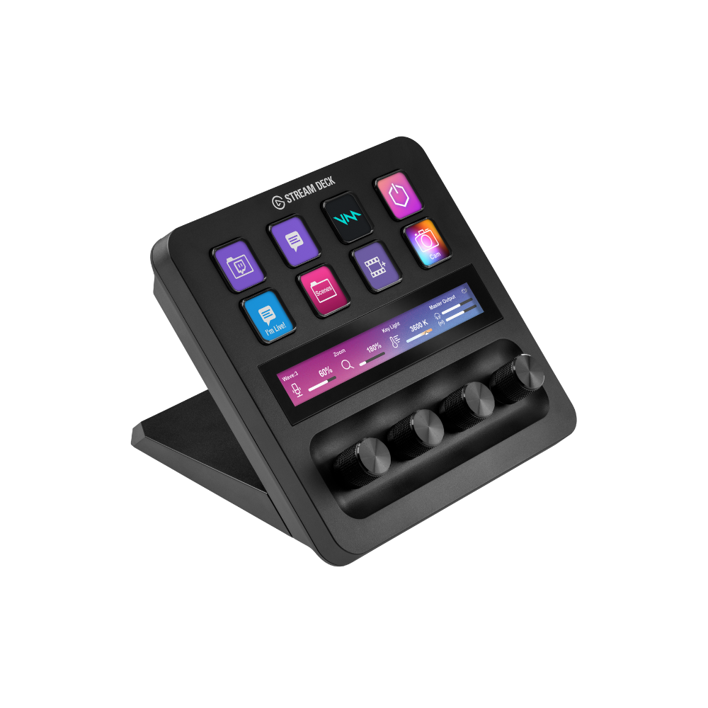 Stream Deck + Black electronic device with colorful display and buttons on a white background