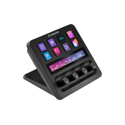 Stream Deck + Black electronic device with colorful display and buttons on a white background