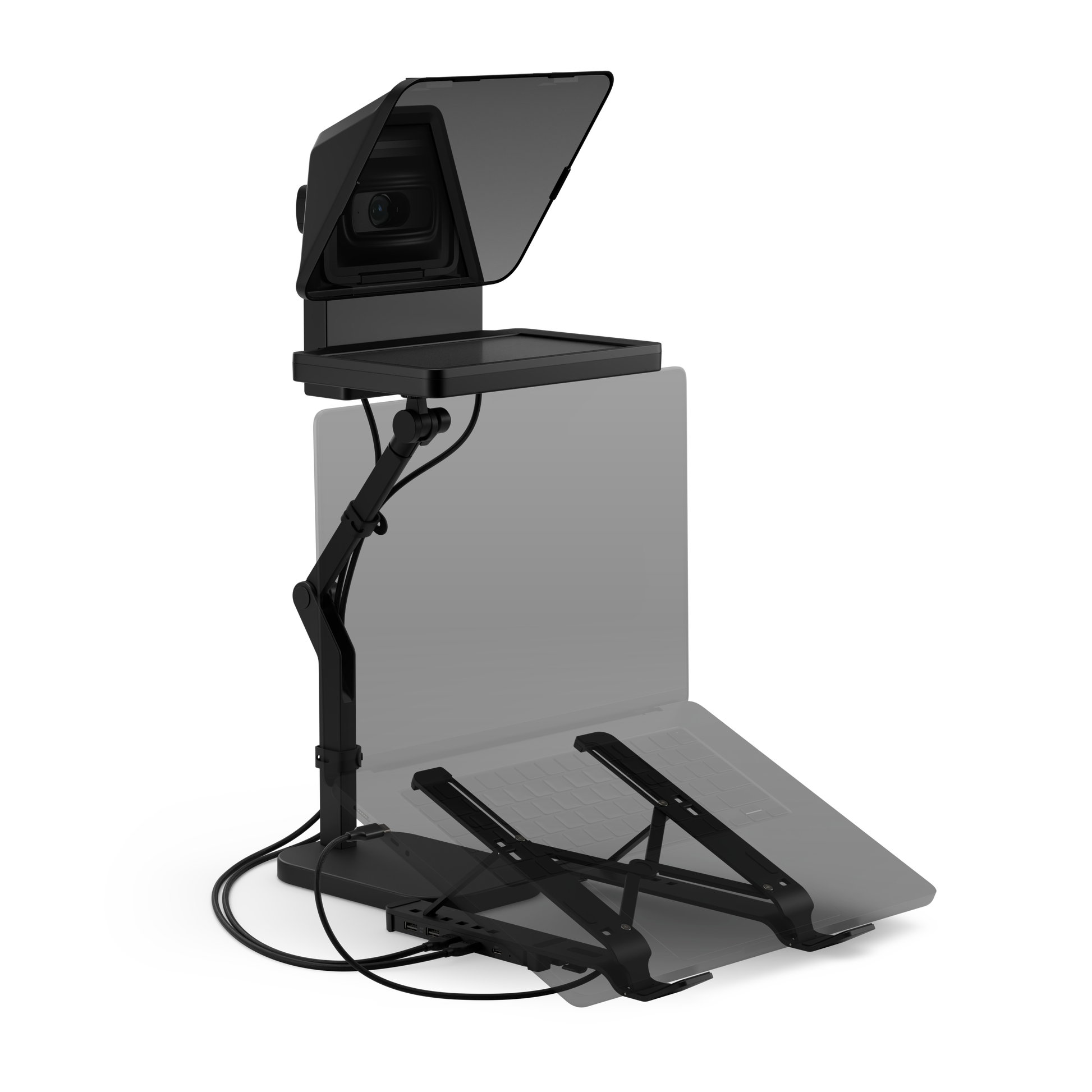 A black electronic display stand or presentation monitor mount with an adjustable arm, viewing hood, and angled support base, shown on a clean white background.