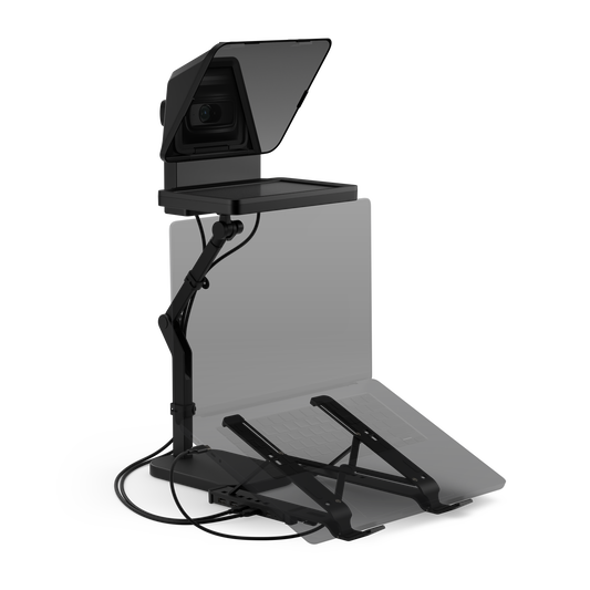 A black electronic display stand or presentation monitor mount with an adjustable arm, viewing hood, and angled support base, shown on a clean white background.