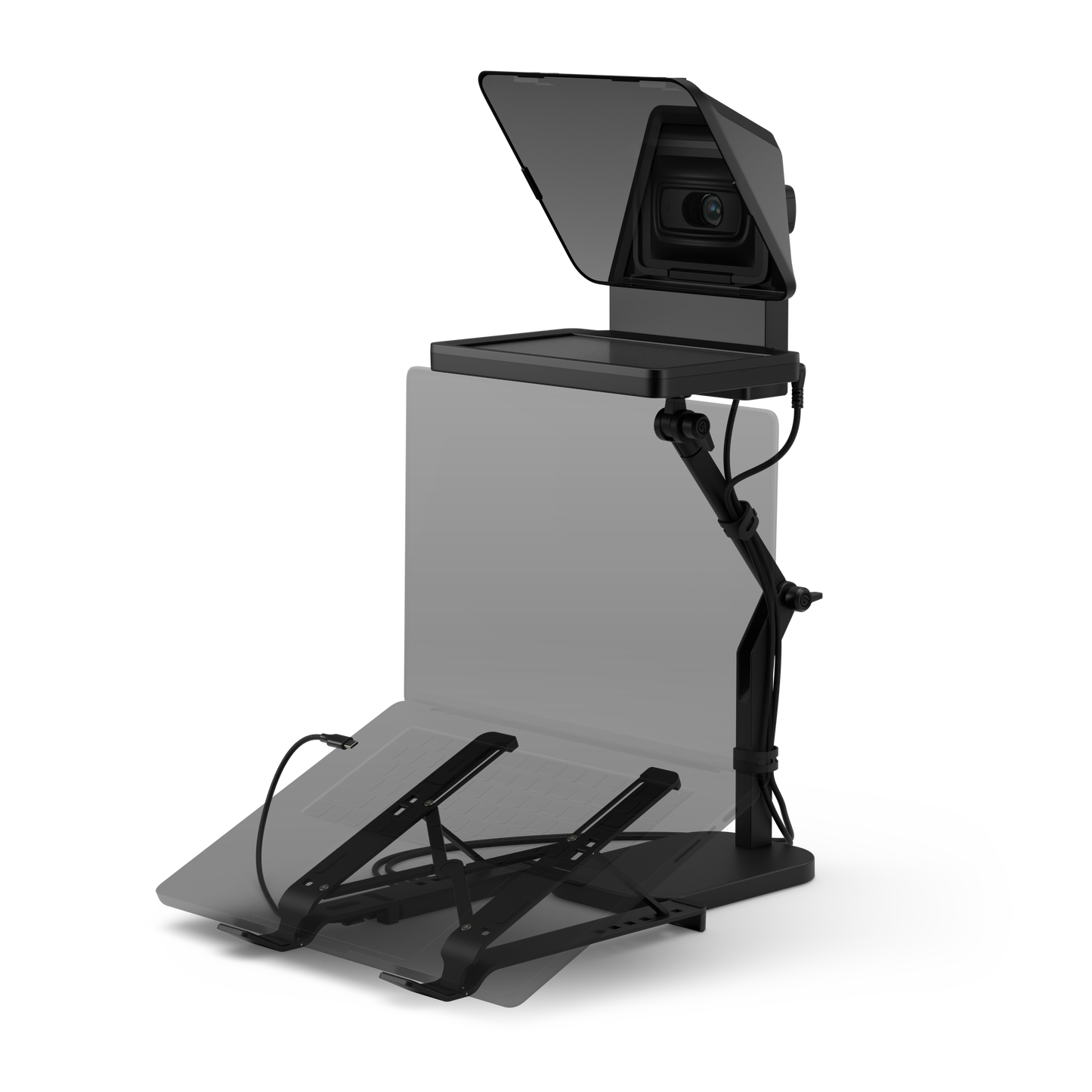 Elgato teleprompter with an attached display screen, mounted on a flexible stand with dual adjustable arms and cables, shown on a plain white background.