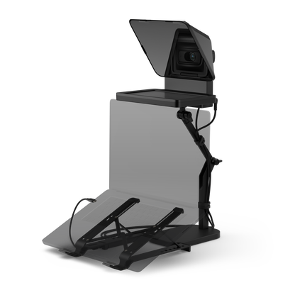 Elgato teleprompter with an attached display screen, mounted on a flexible stand with dual adjustable arms and cables, shown on a plain white background.