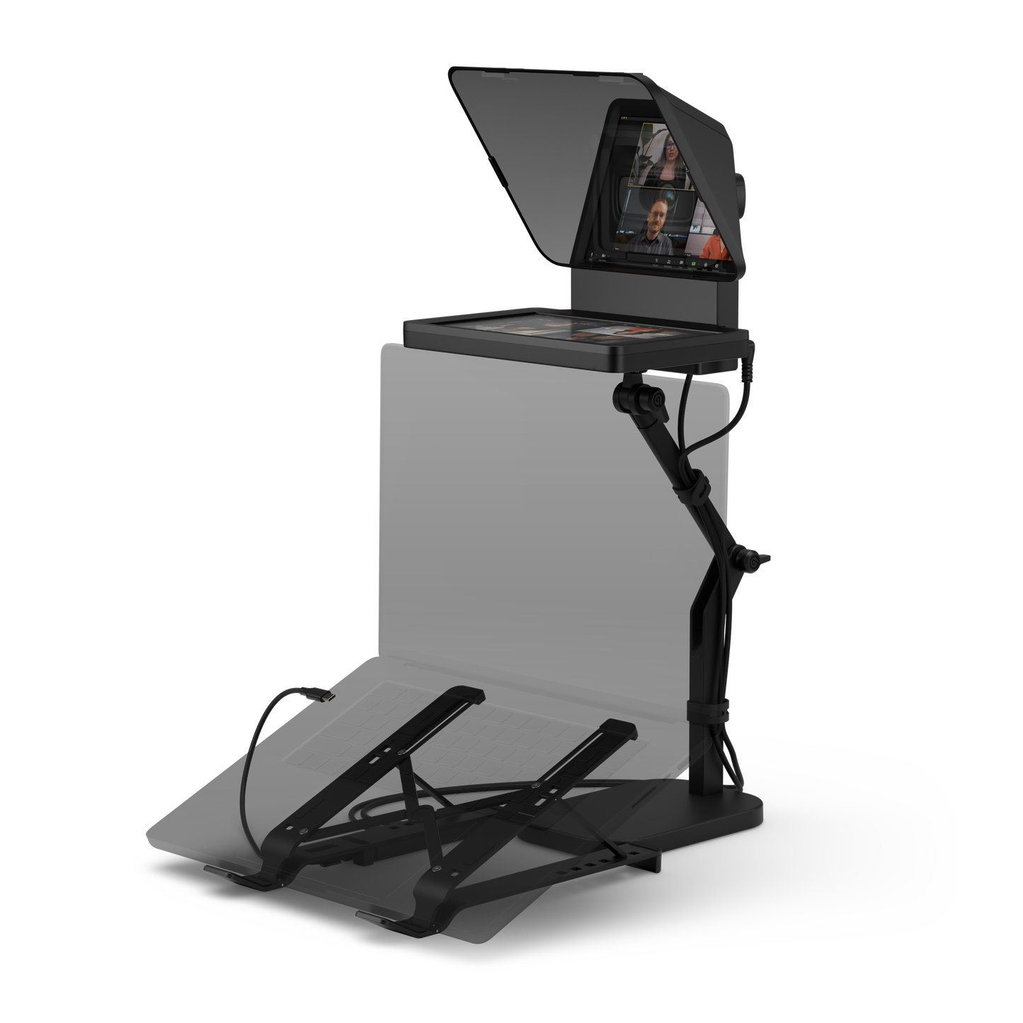 Elgato teleprompter with Facecam webcam with a hinged display screen, control panel, and multiple joysticks on a white background.