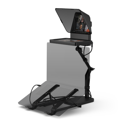Elgato teleprompter with Facecam webcam with a hinged display screen, control panel, and multiple joysticks on a white background.