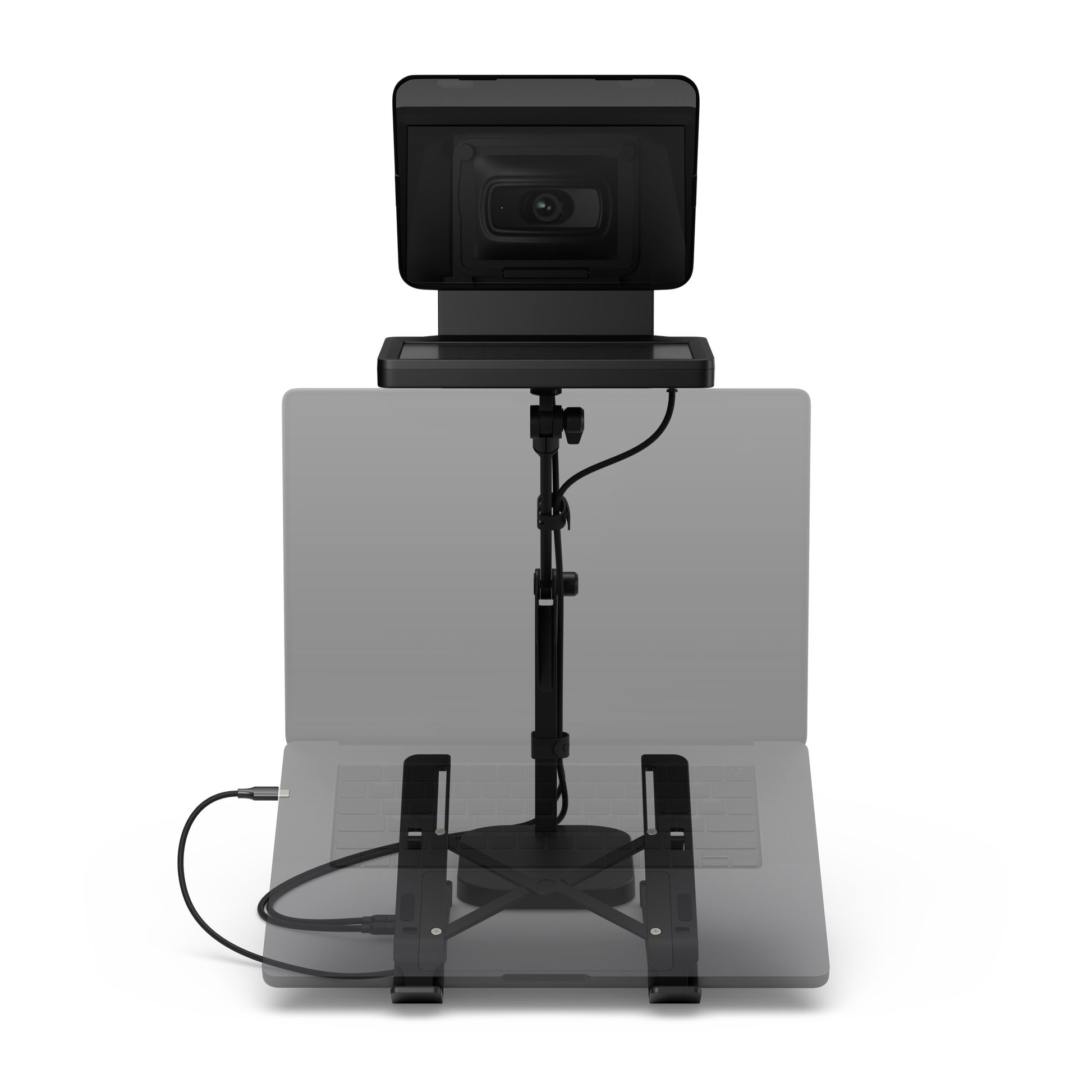 A black video conferencing or meeting room system with a wall-mounted screen, stand, base, and connected cables, shown against a plain white background.