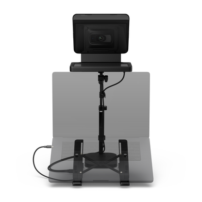 A black video conferencing or meeting room system with a wall-mounted screen, stand, base, and connected cables, shown against a plain white background.