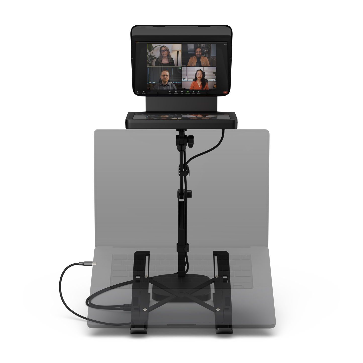 A black video conference tablet on a stand with an attached microphone and base, shown against a solid white background.