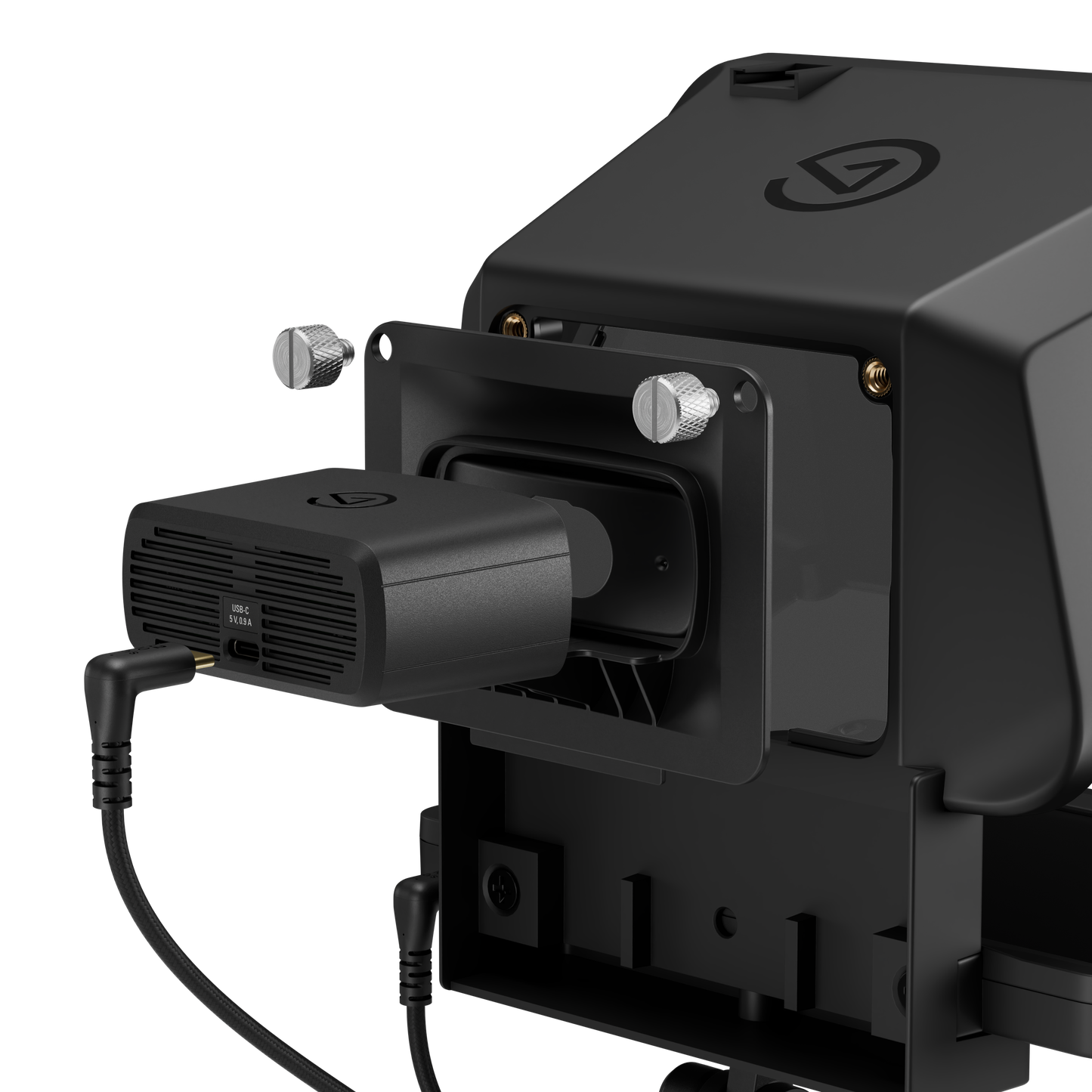 Close-up of a black webcam in teleprompter electronic device with a vented accessory attached to a side port, shown on a clean white background.