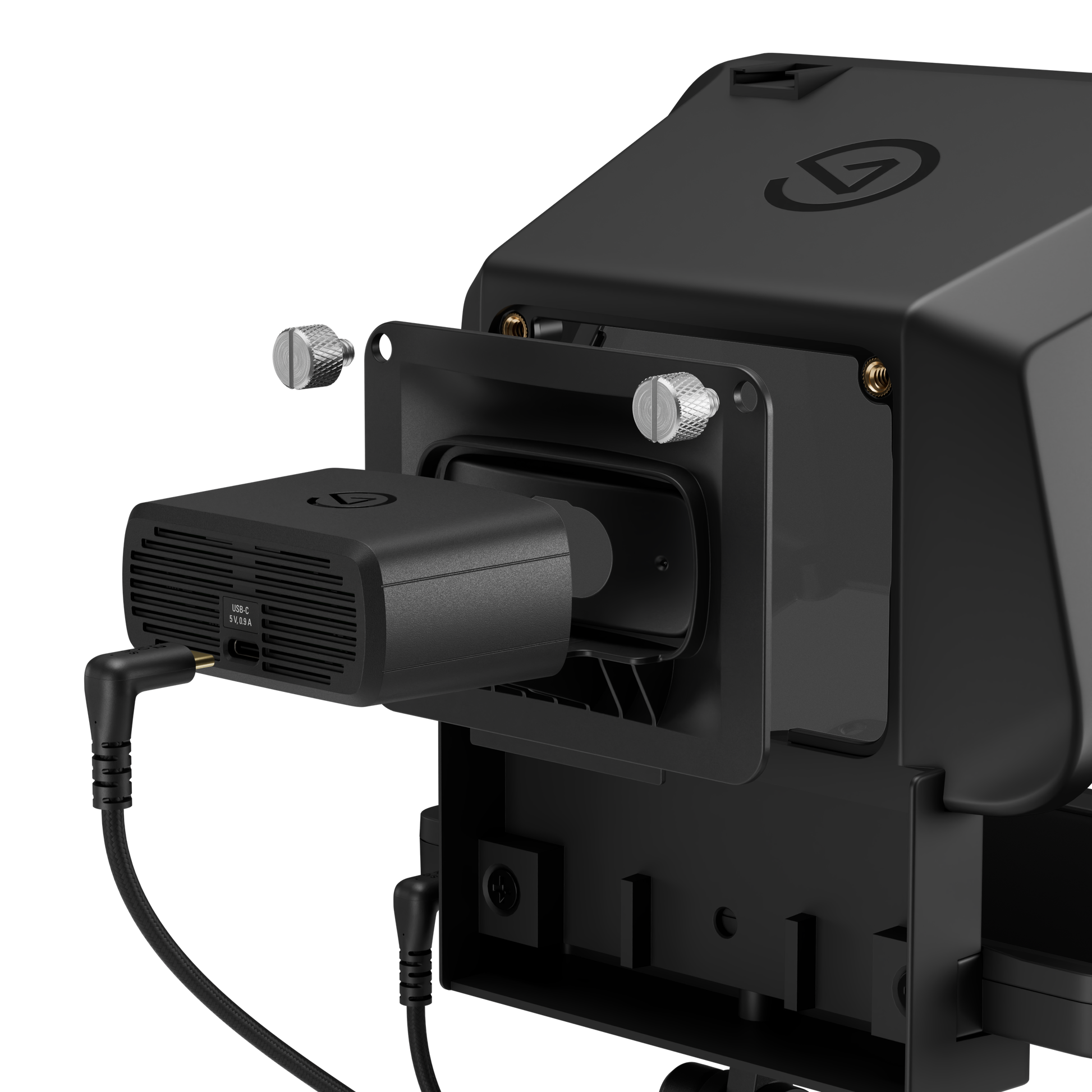 Close-up of a black webcam in teleprompter electronic device with a vented accessory attached to a side port, shown on a clean white background.