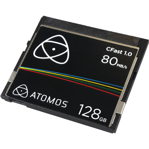 Atomos CFast 1.0 memory card with 128GB capacity on a white background