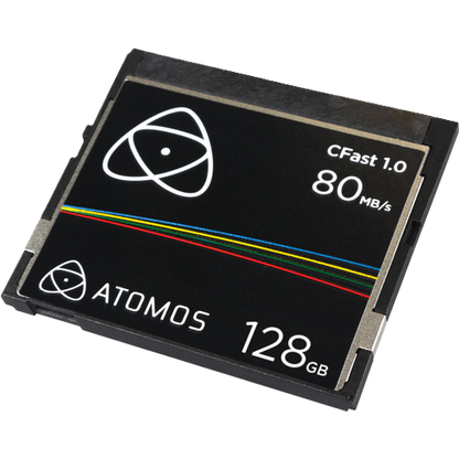 Atomos CFast 1.0 memory card with 128GB capacity on a white background