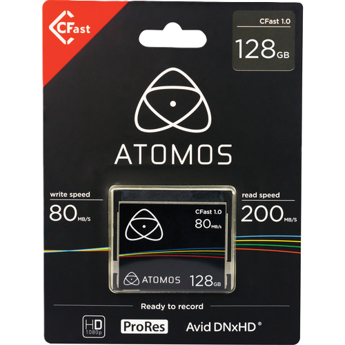 Atomos CFast memory card packaging with specifications on a white background