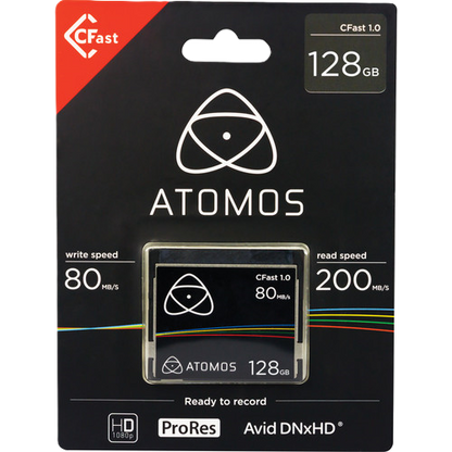 Atomos CFast memory card packaging with specifications on a white background