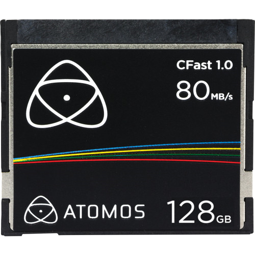Atomos CFast 1.0 memory card with 128GB capacity on a black background