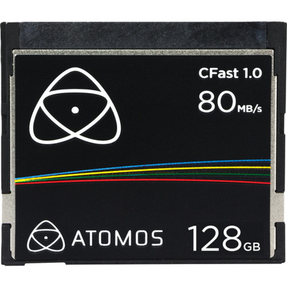Atomos CFast 1.0 memory card with 128GB capacity on a black background