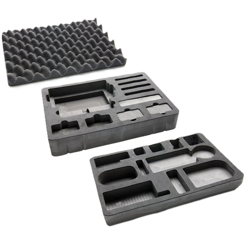 Gray foam packaging tray with compartments on a white background