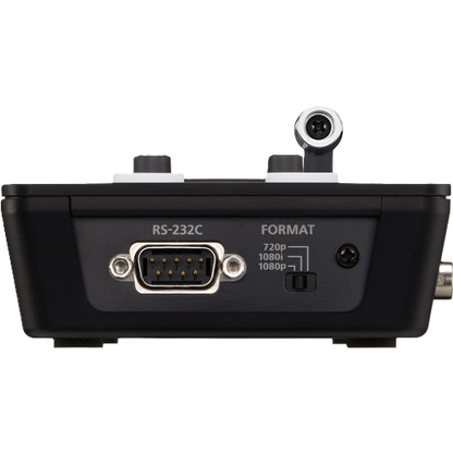 Back view of a Roland V-1SDI 4-Channel HD Video Switcher with RS-232C connector and format settings on a white background