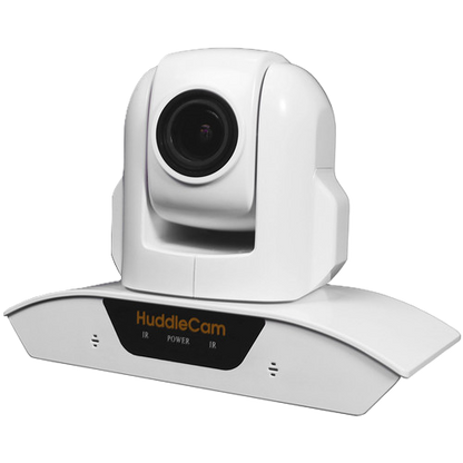 White video conference camera with 'HuddleCam' branding on a white background