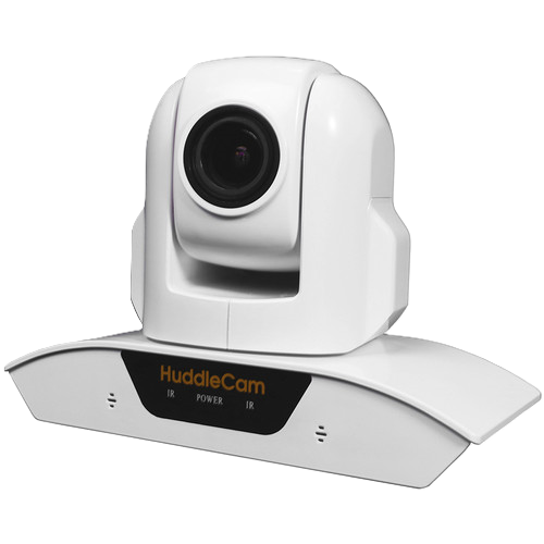 White video conference camera with 'HuddleCam' branding on a white background