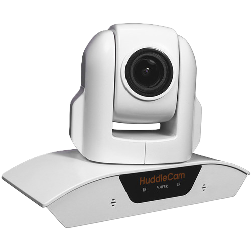 White video conference camera with HuddleCam branding on a white background