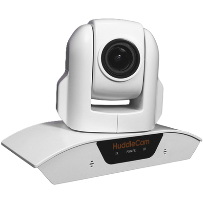 White video conference camera with HuddleCam branding on a white background
