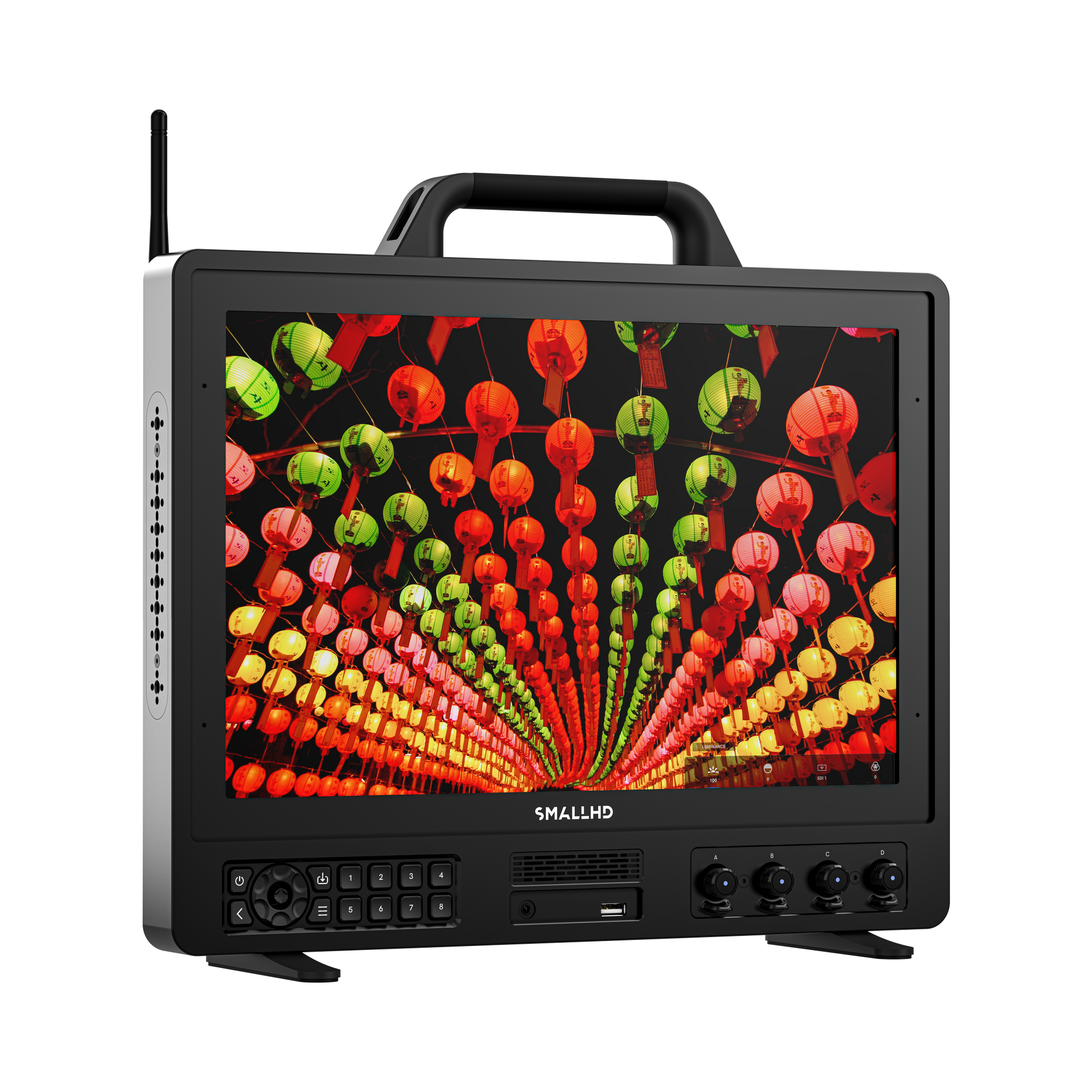 Portable monitor with colorful display on a white background