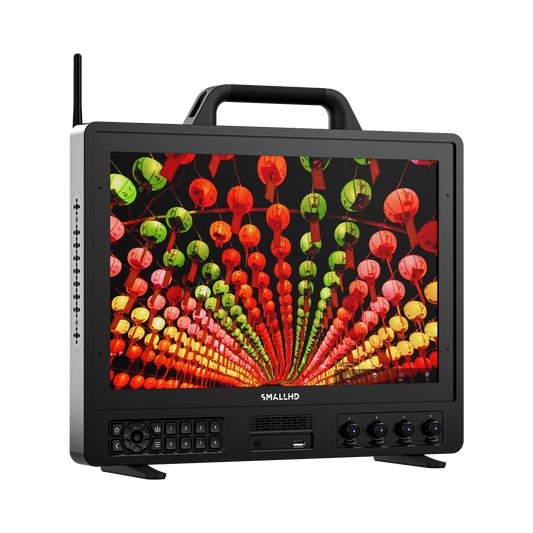 Portable monitor with colorful display on a white background