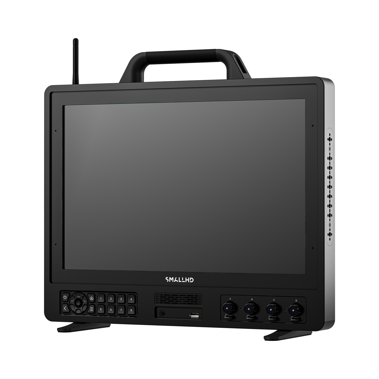 Portable monitor with a handle on a white background
