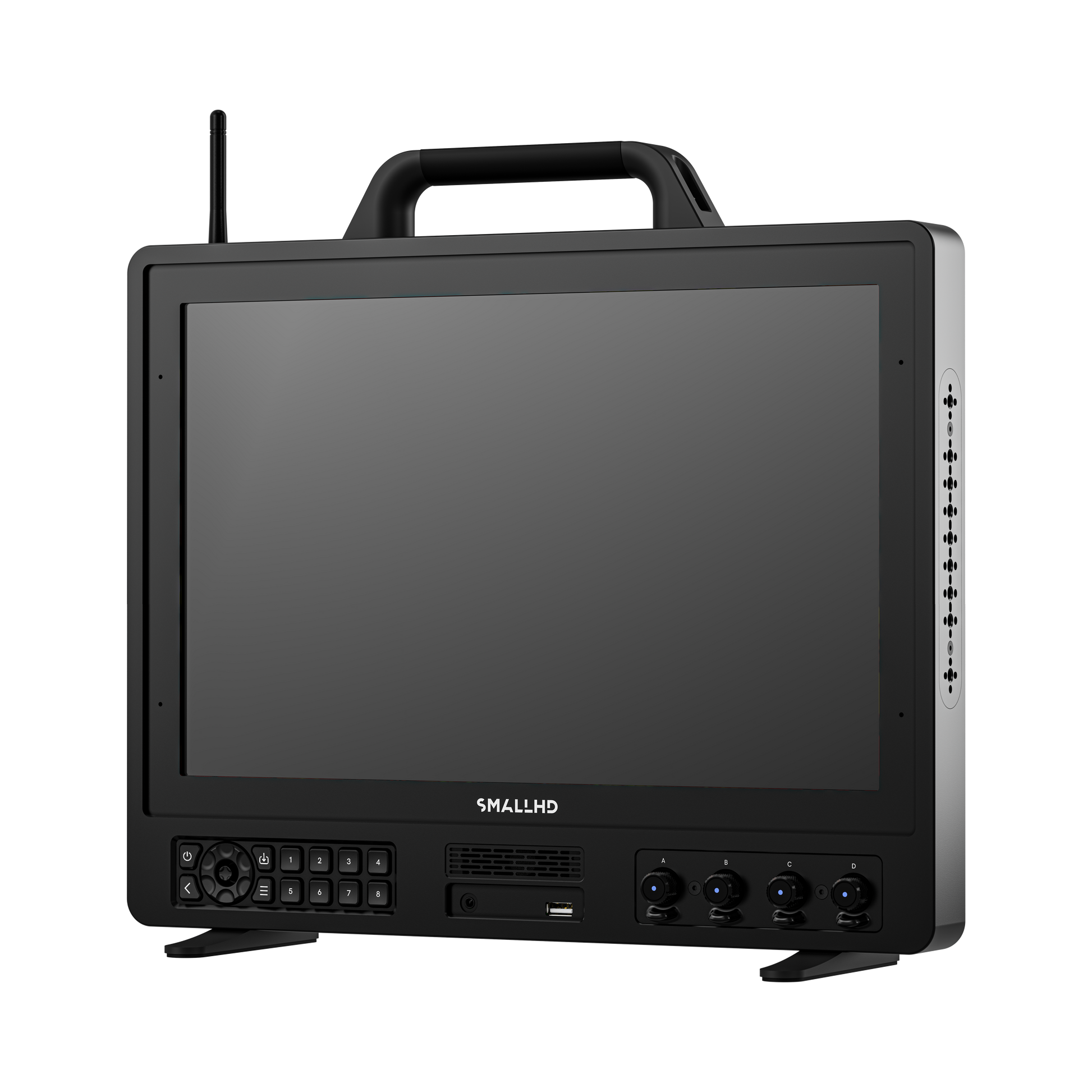 Portable monitor with a handle on a white background