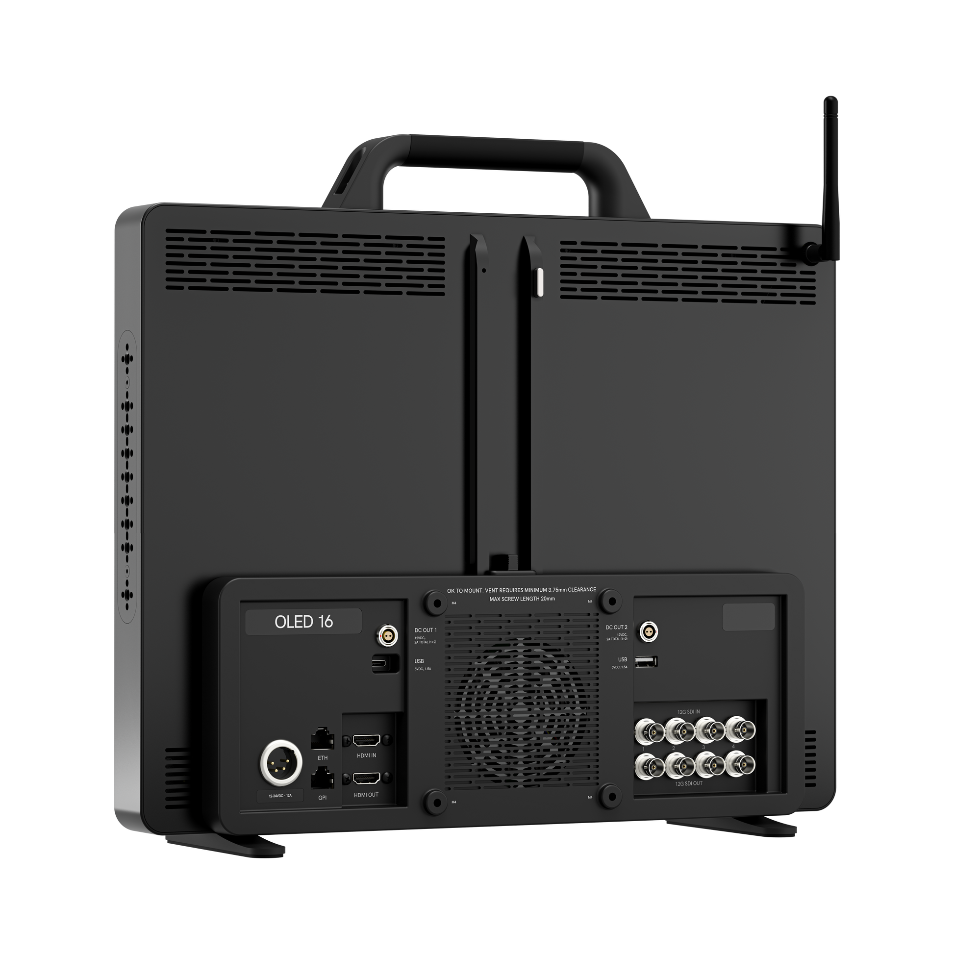 Back view of a black electronic device with connectivity ports on a white background