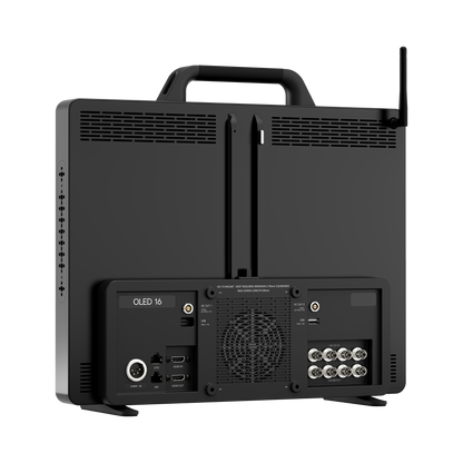 Back view of a black electronic device with connectivity ports on a white background