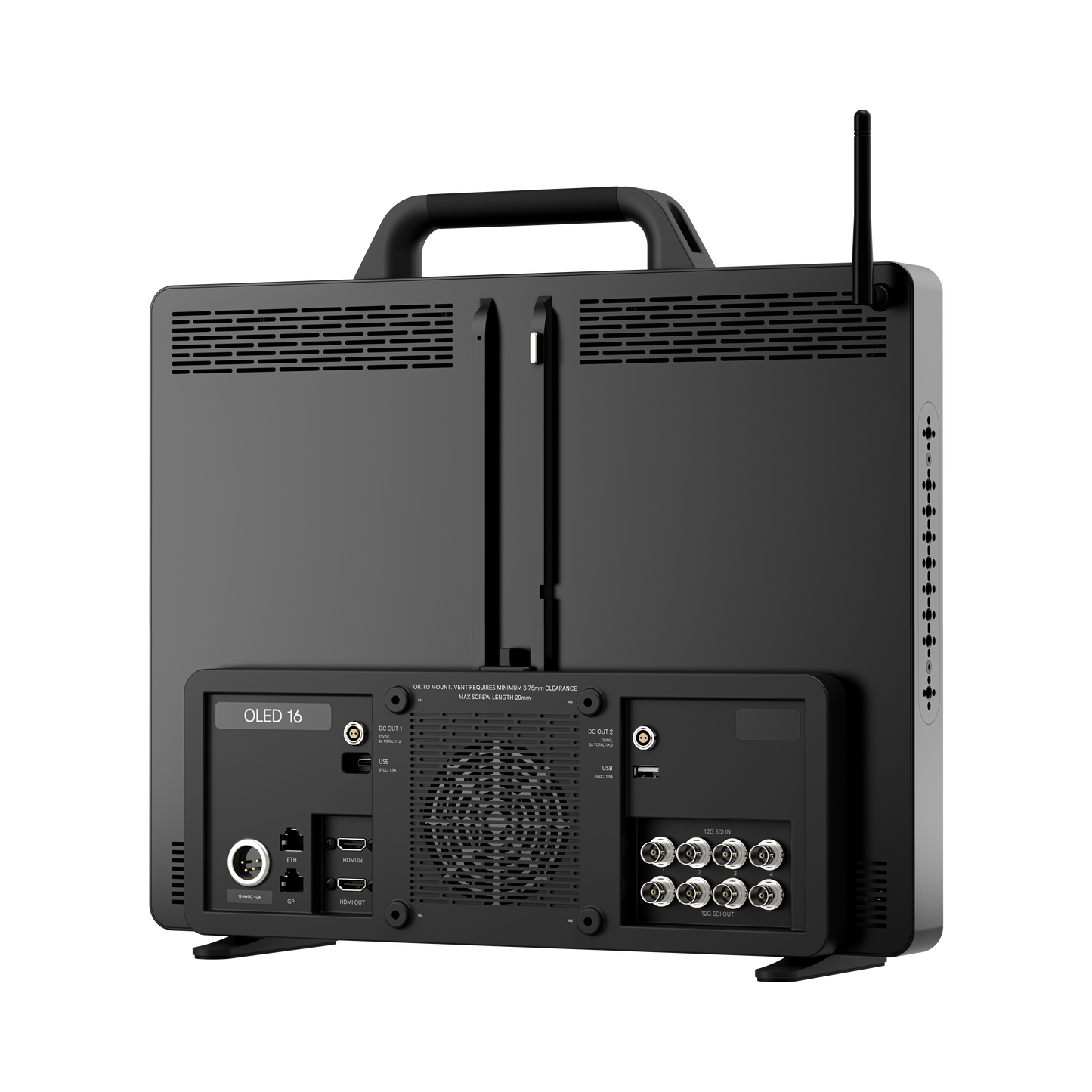 Back view of a black electronic device with connectivity ports on a white background