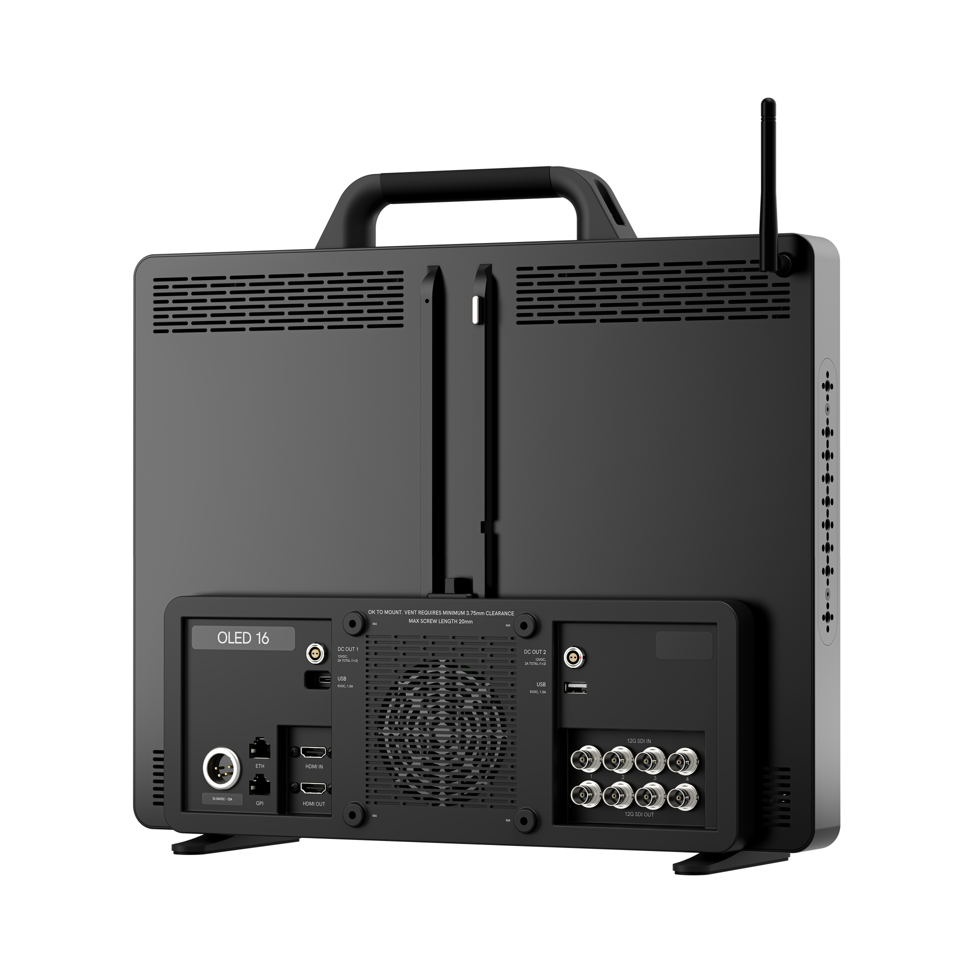 Back view of a black electronic device with connectivity ports on a white background