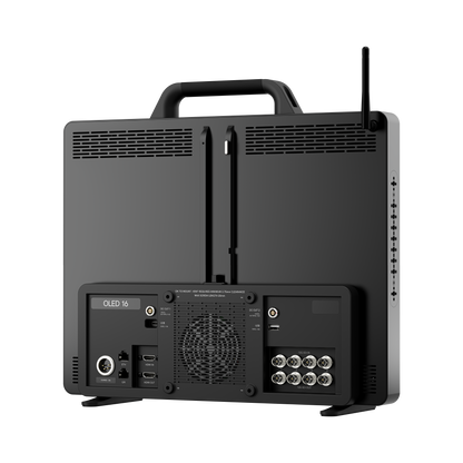 Back view of a black electronic device with connectivity ports on a white background
