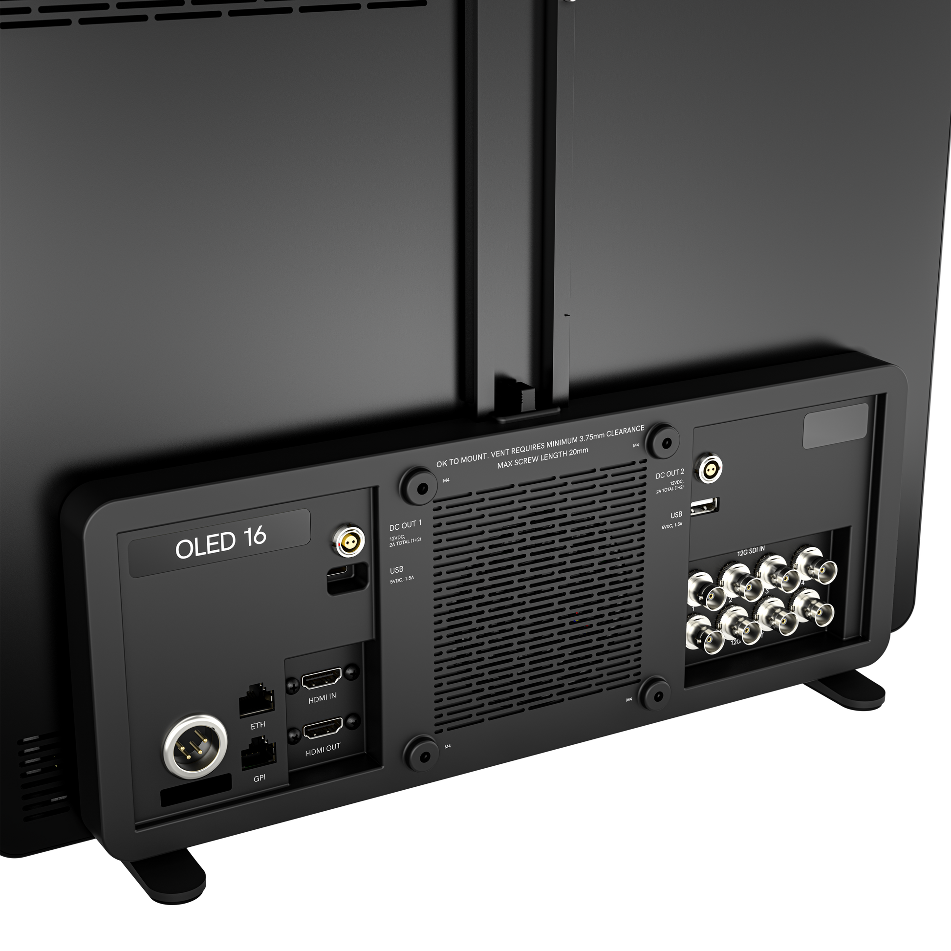 Back view of a television with connectivity ports on a black background