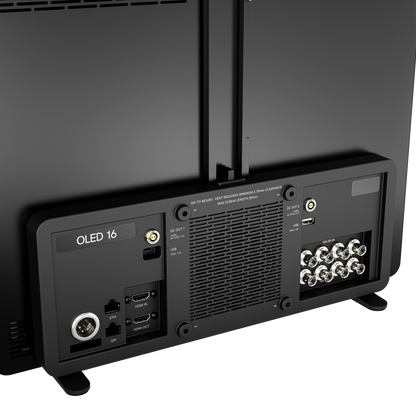 Back view of a television with connectivity ports on a black background