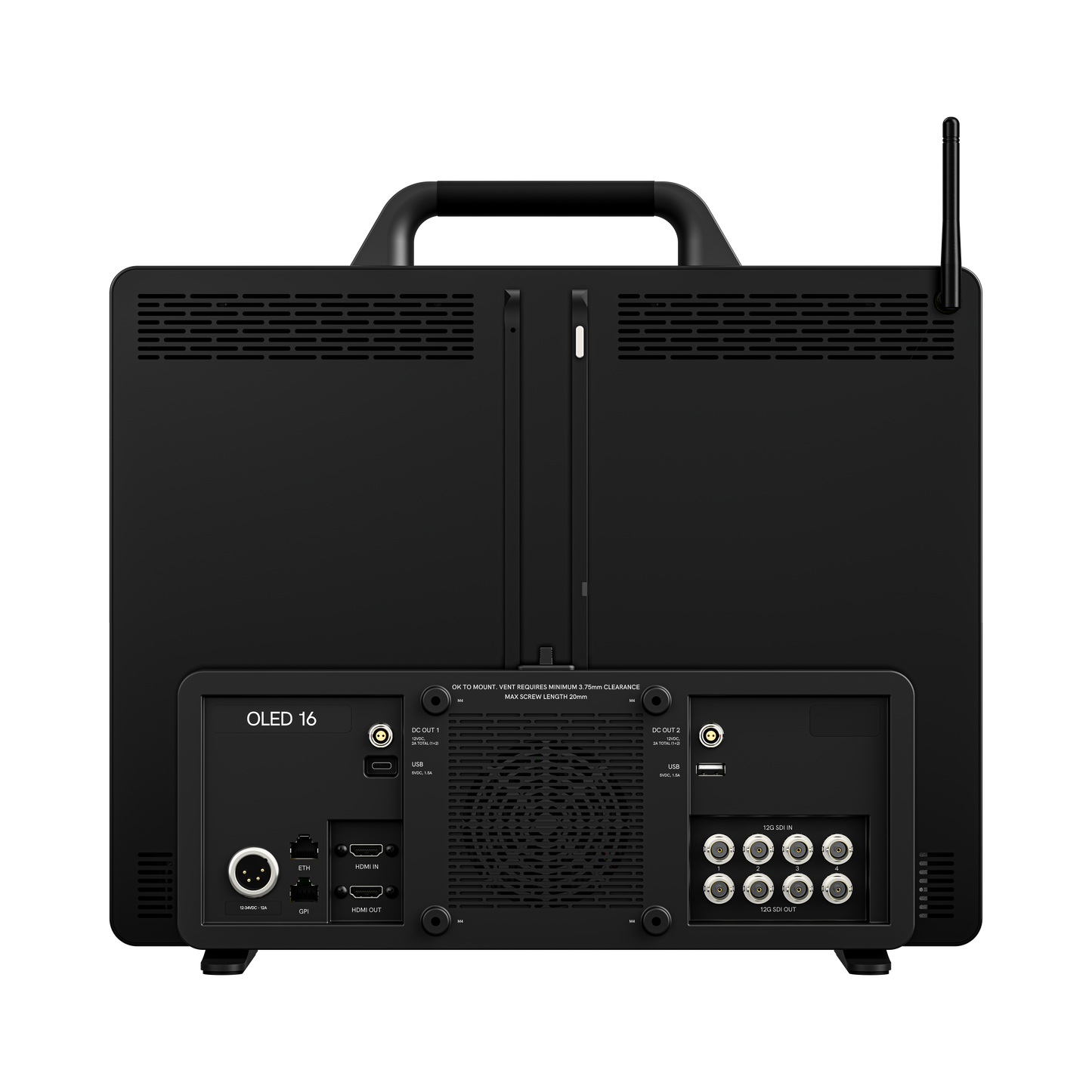 Back view of a black electronic device with connectivity ports on a white background