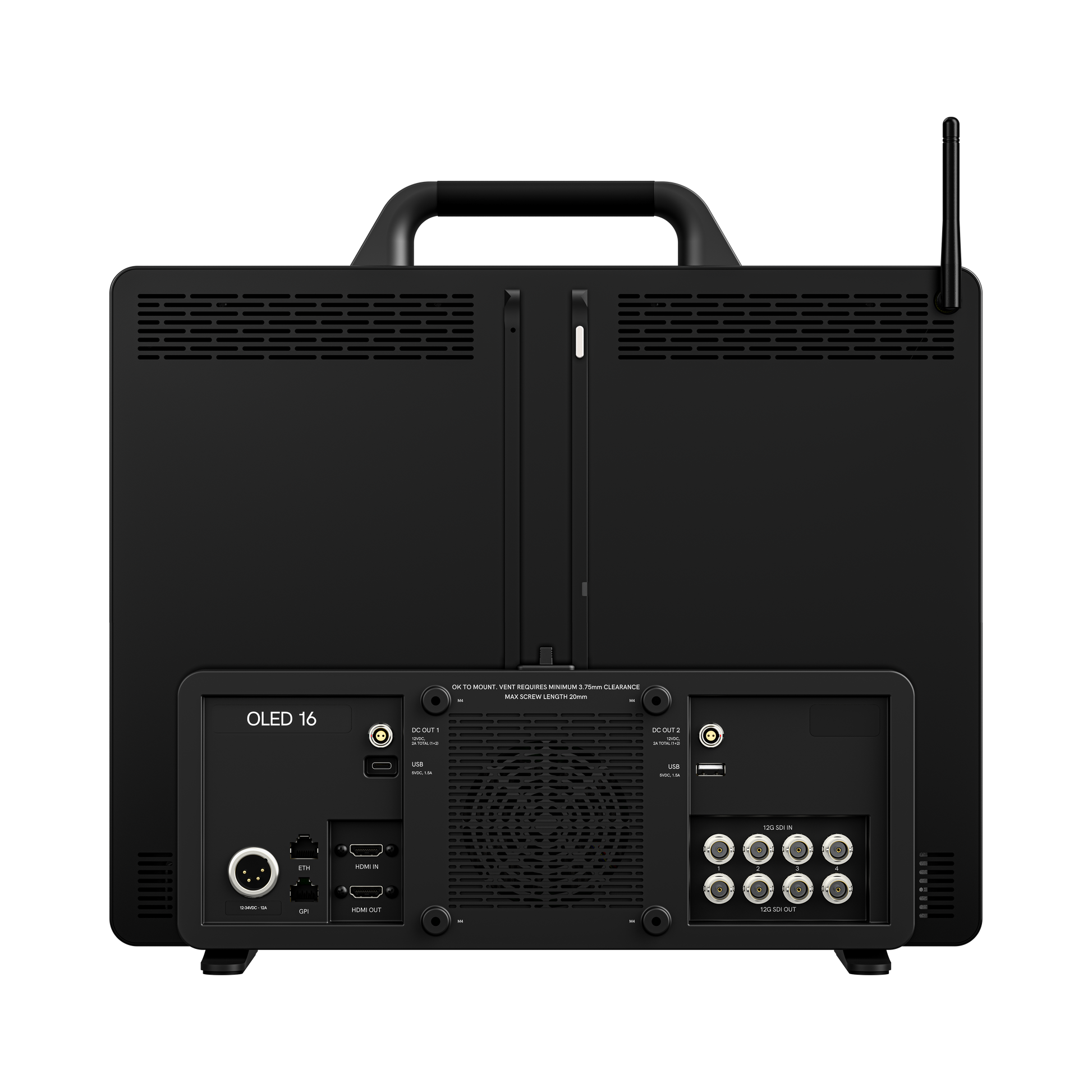 Back view of a black electronic device with connectivity ports on a white background